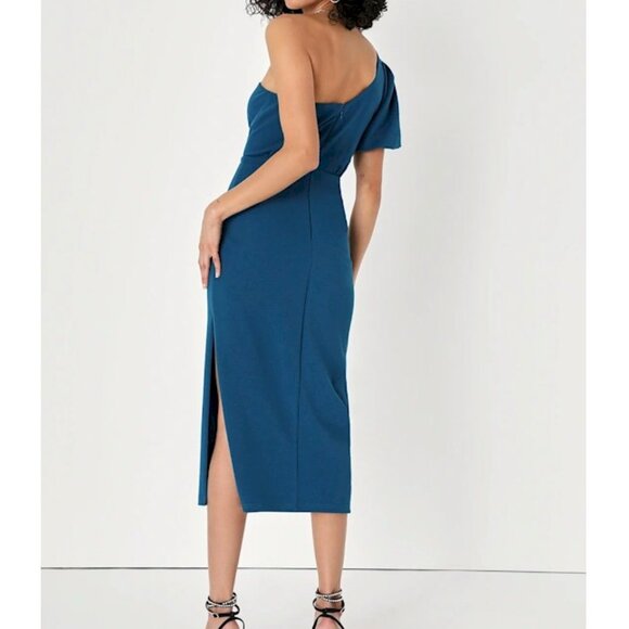 Lulu's Teal One-Shoulder Midi Dress - Picture 5 of 9